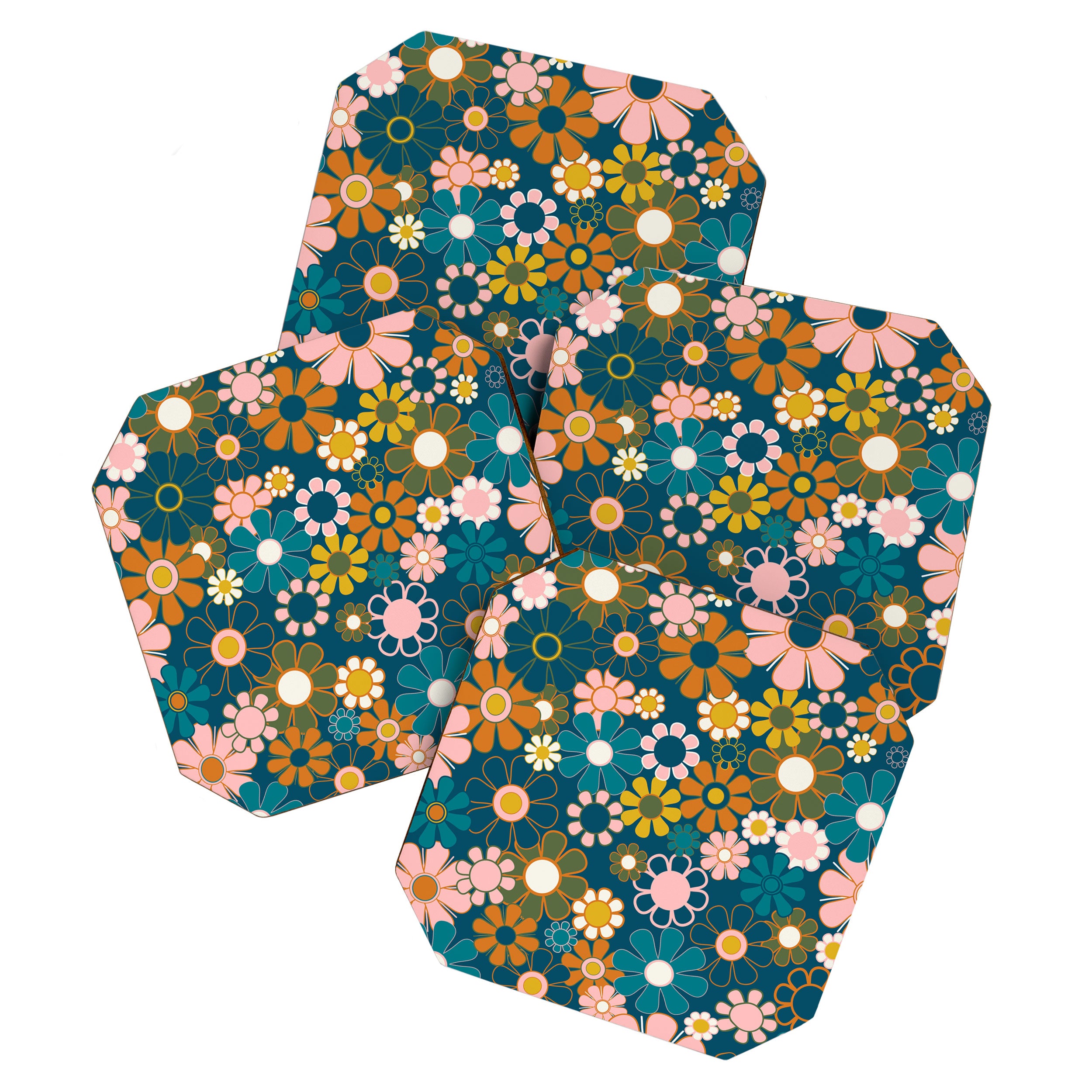 Pretty Groovy Retro Garden Floral Pattern Blue Pink Orange Olive Coaster Gallery Image 1