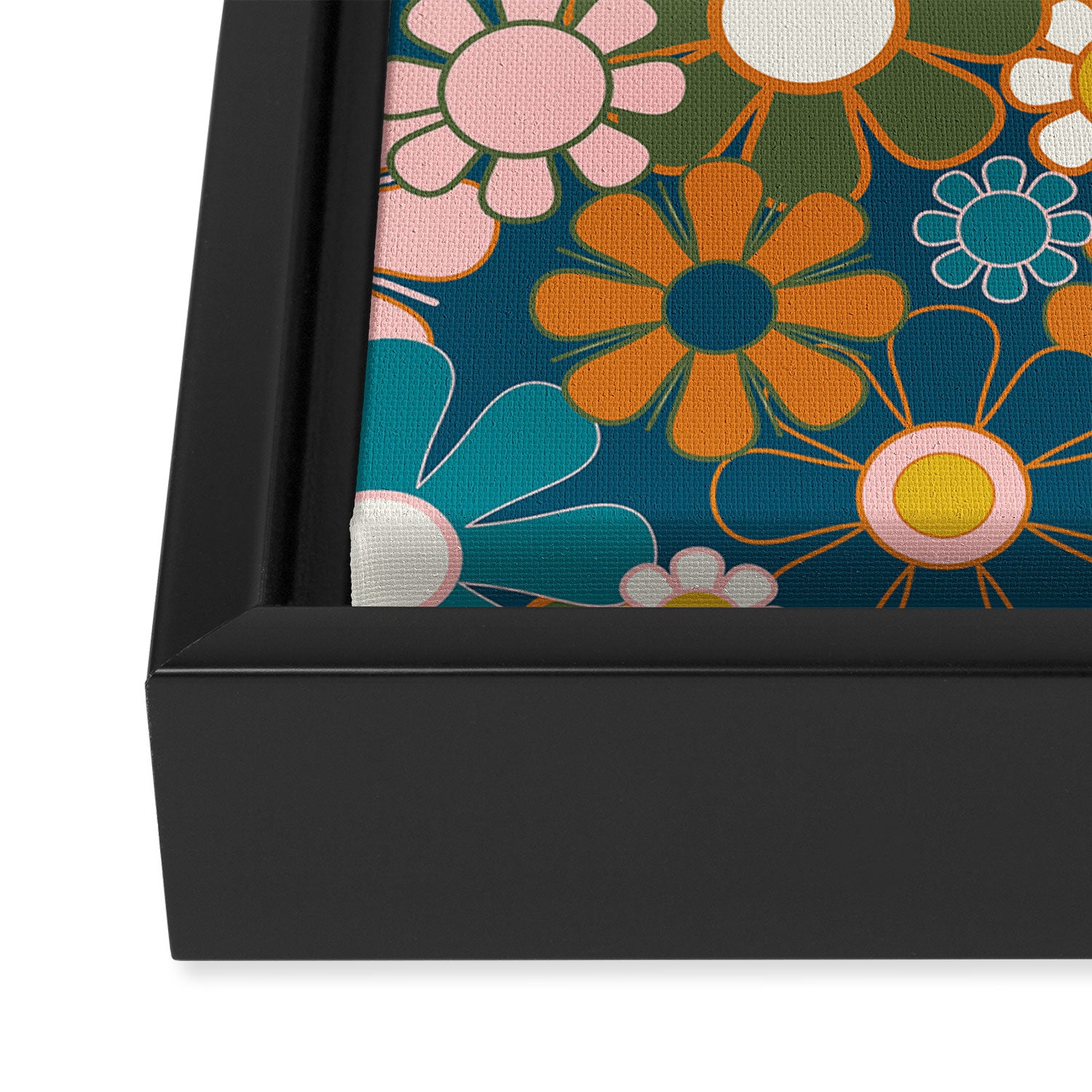 Pretty Groovy Retro Garden Floral Pattern Blue Pink Orange Olive Framed Canvas Print Gallery Image 3
