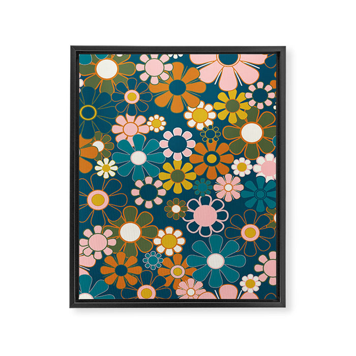 Pretty Groovy Retro Garden Floral Pattern Blue Pink Orange Olive Framed Canvas Print Gallery Image 1