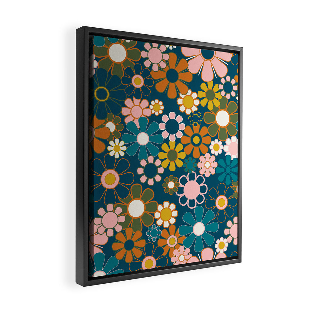 Pretty Groovy Retro Garden Floral Pattern Blue Pink Orange Olive Framed Canvas Print Gallery Image 2