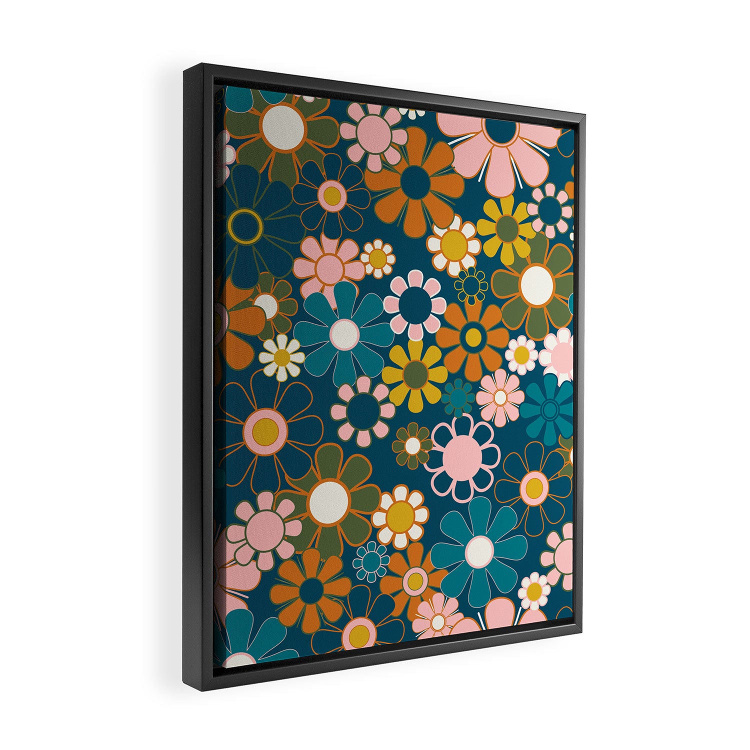 Pretty Groovy Retro Garden Floral Pattern Blue Pink Orange Olive Framed Canvas Print Gallery Image 2