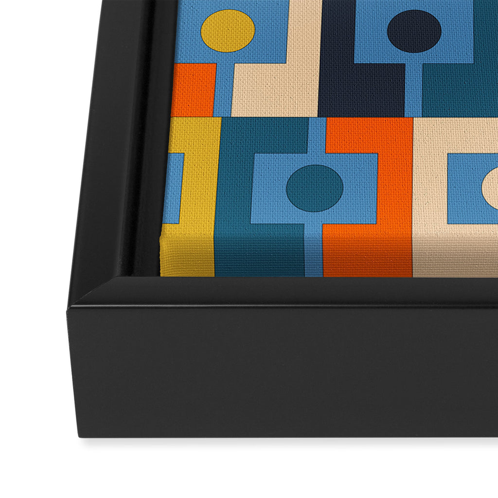 Rektangel Retro Contemporary Geometric Pattern Blue Orange Mustard Framed Canvas Print Gallery Image 3