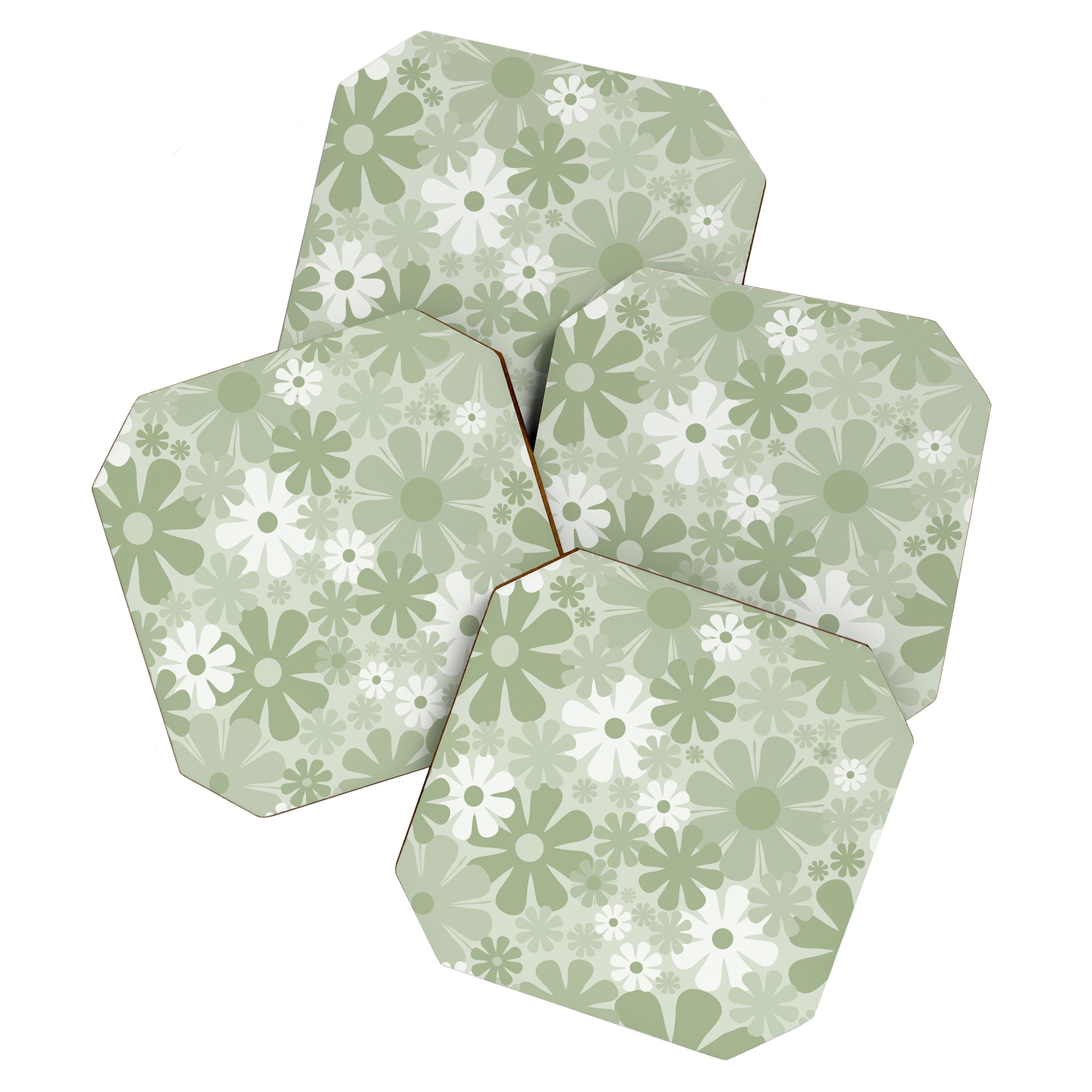 Retro 60s 70s Aesthetic Floral Pattern in Pretty Pastel Sage Green Coaster Gallery Image 1