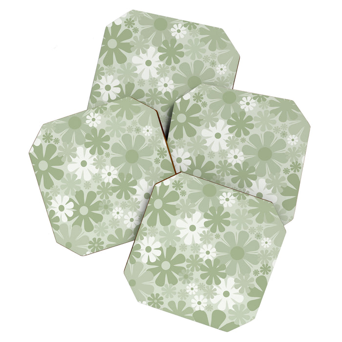 Retro 60s 70s Aesthetic Floral Pattern in Pretty Pastel Sage Green Coaster Gallery Image 1
