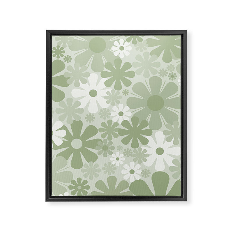 Retro 60s 70s Aesthetic Floral Pattern in Pretty Pastel Sage Green Framed Canvas Print Gallery Image 8