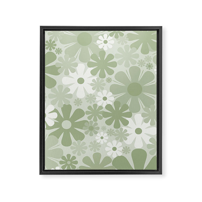 Retro 60s 70s Aesthetic Floral Pattern in Pretty Pastel Sage Green Framed Canvas Print Gallery Image 1