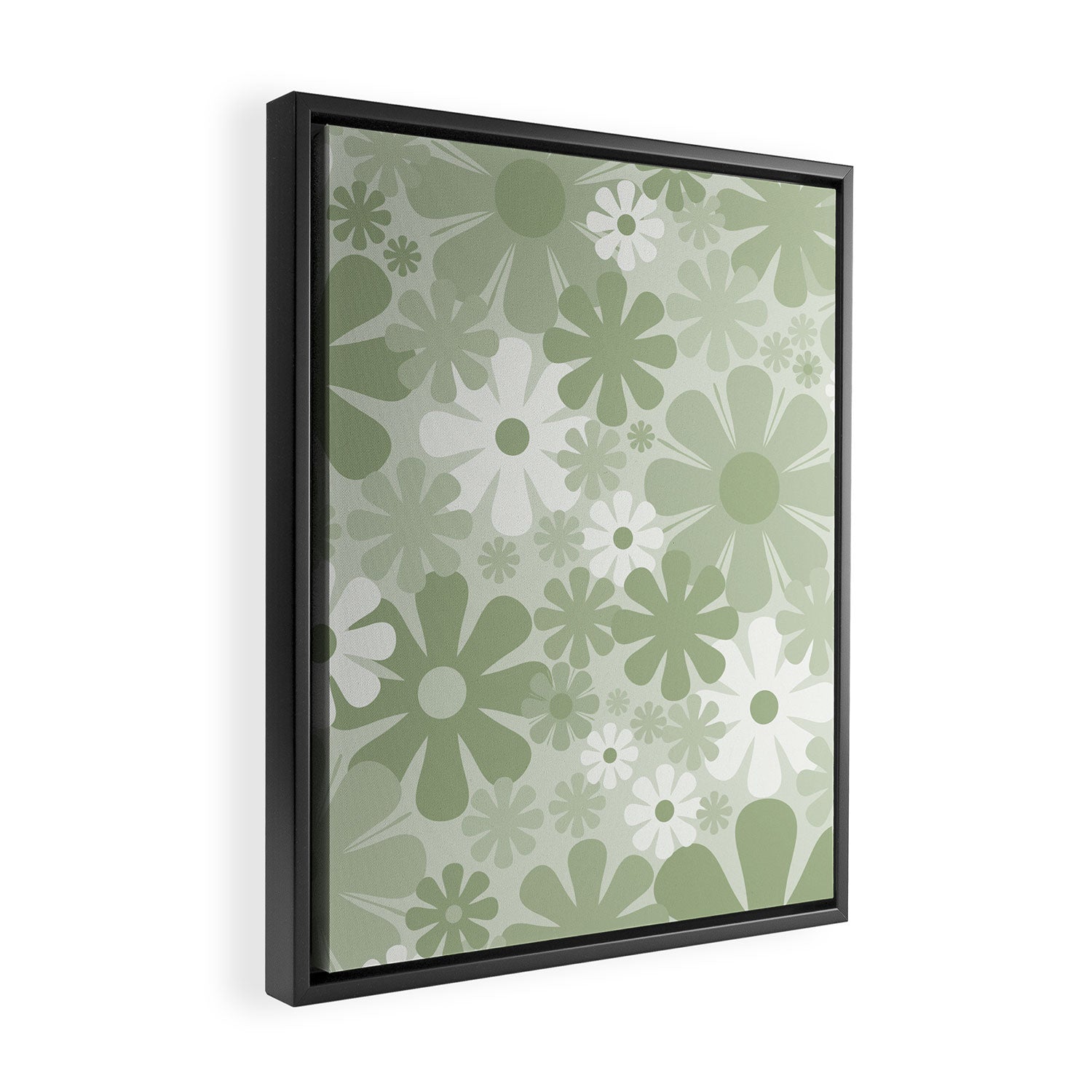 Retro 60s 70s Aesthetic Floral Pattern in Pretty Pastel Sage Green Framed Canvas Print Gallery Image 2