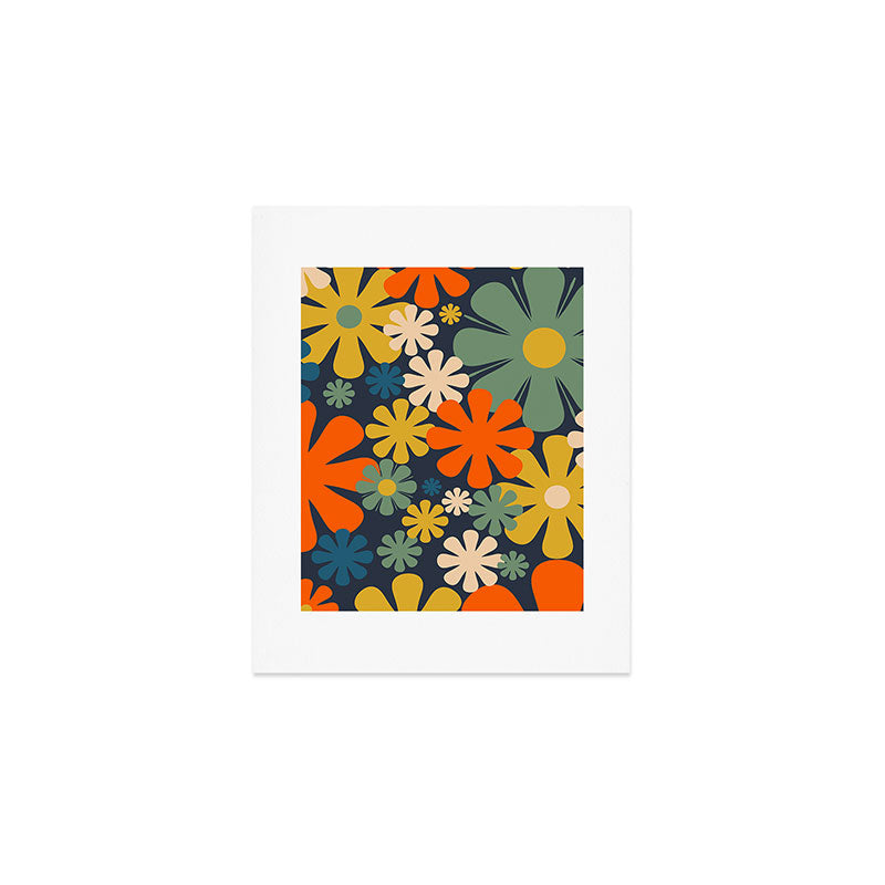 Retro 60s 70s Aesthetic Floral Pattern in Blue Mustard Orange Eucalyptus Art Print Gallery Image 1