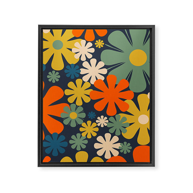 Retro 60s 70s Aesthetic Floral Pattern in Blue Mustard Orange Eucalyptus Framed Canvas Print Gallery Image 8