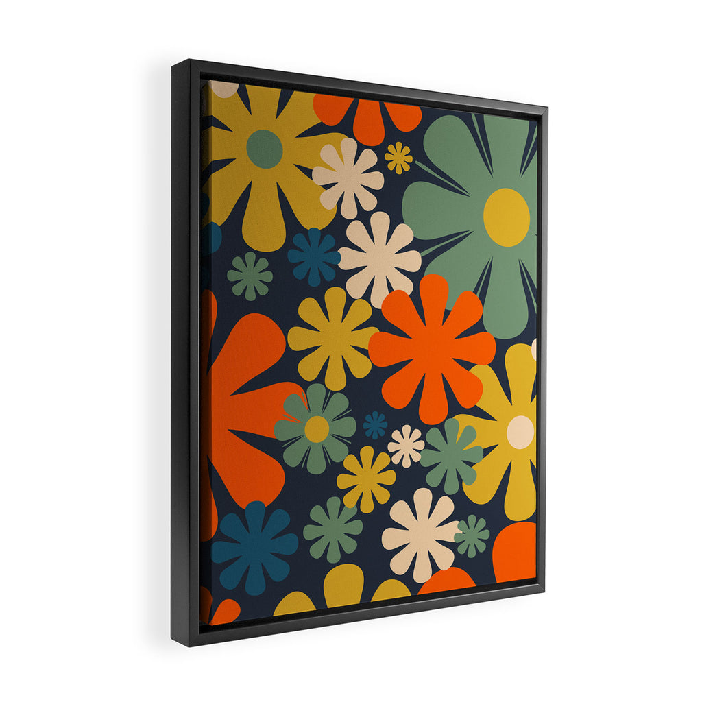 Retro 60s 70s Aesthetic Floral Pattern in Blue Mustard Orange Eucalyptus Framed Canvas Print Gallery Image 2