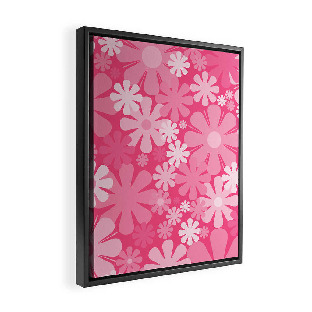 Retro 60s 70s Aesthetic Floral Pattern in Bright Candy Pink Framed Canvas Print Gallery Image 2