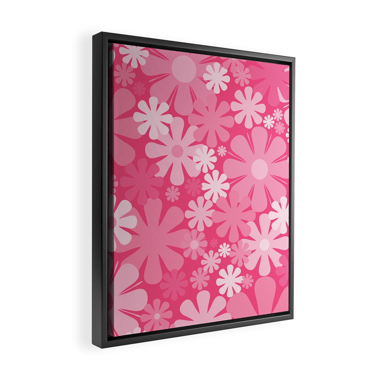 Retro 60s 70s Aesthetic Floral Pattern in Bright Candy Pink Framed Canvas Print Gallery Image 2