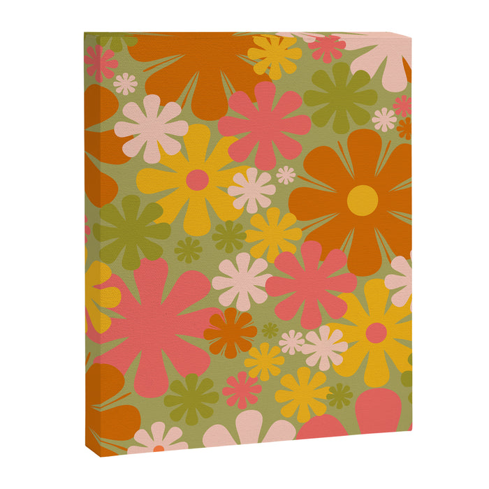 Retro 60s 70s Aesthetic Floral Pattern in Green Pink Yellow Orange Canvas Print Gallery Image 1