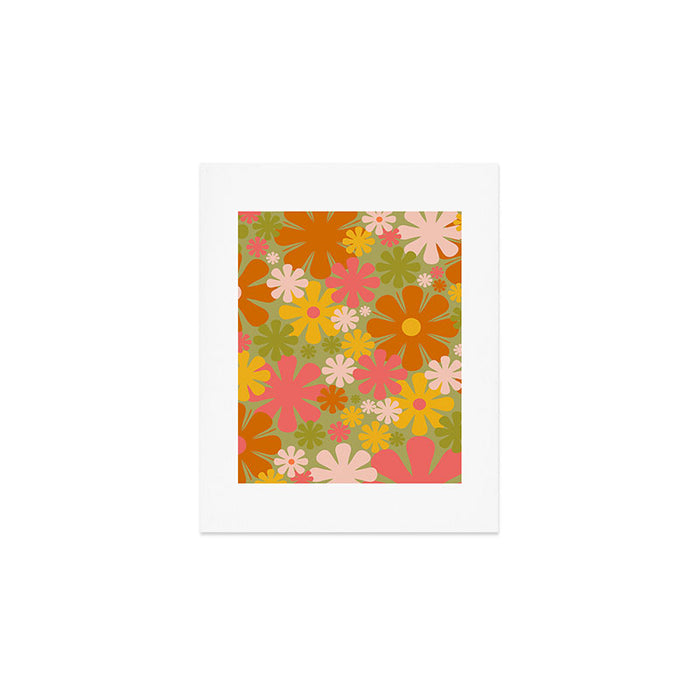 Retro 60s 70s Aesthetic Floral Pattern in Green Pink Yellow Orange Art Print Gallery Image 1