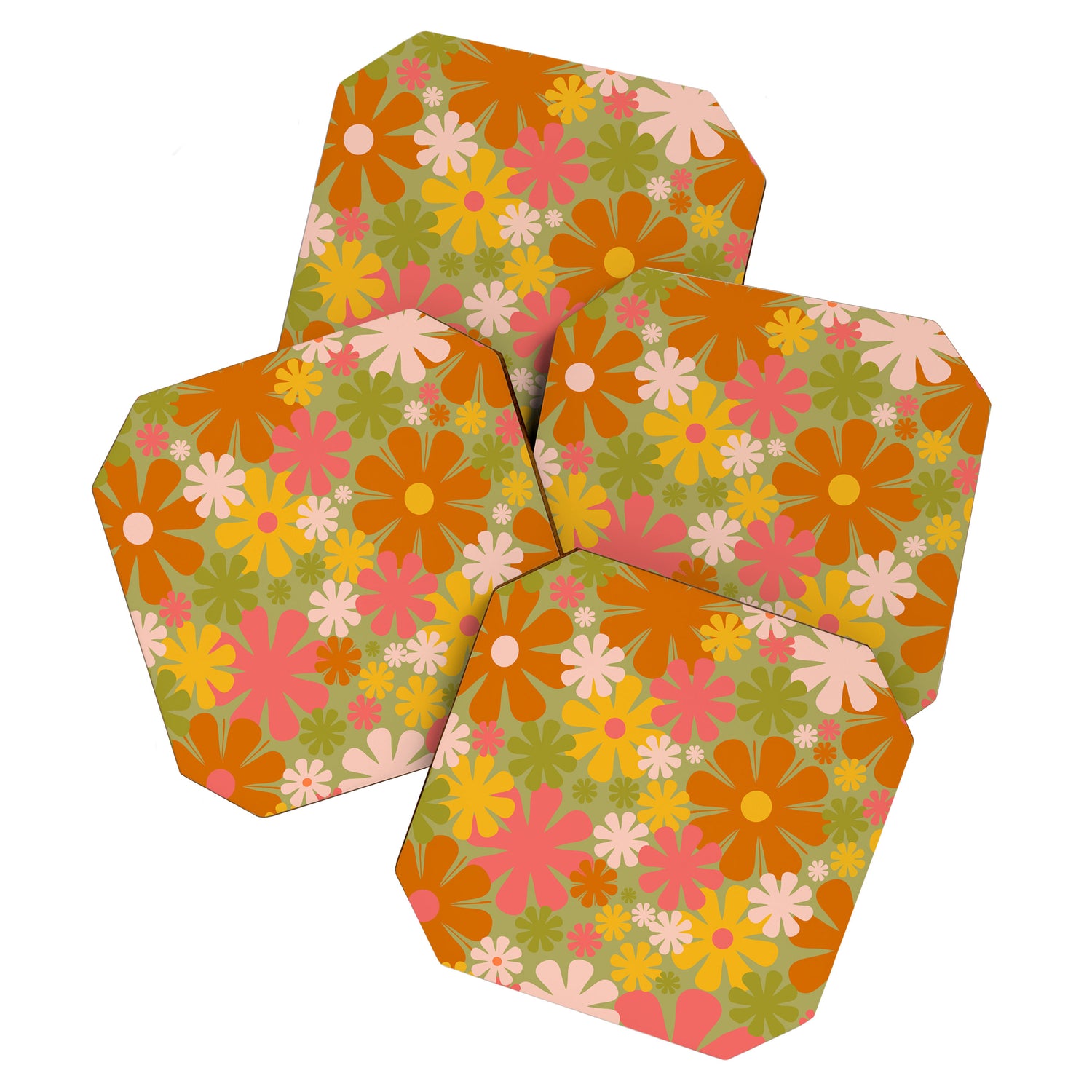 Retro 60s 70s Aesthetic Floral Pattern in Green Pink Yellow Orange Coaster Gallery Image 1