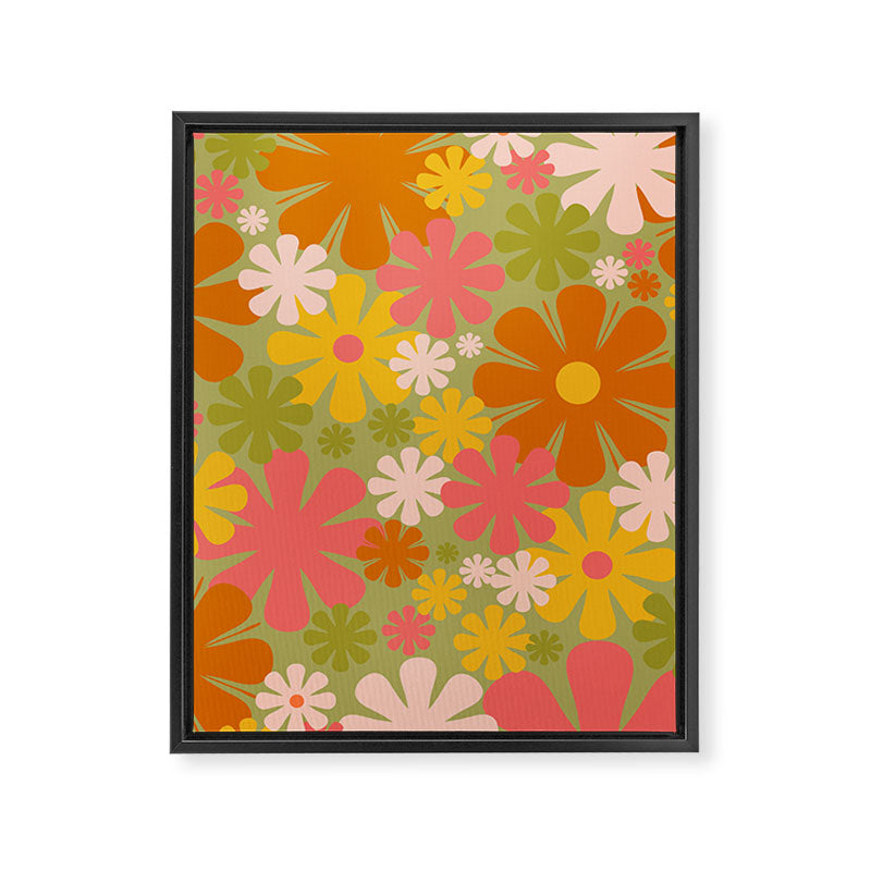 Retro 60s 70s Aesthetic Floral Pattern in Green Pink Yellow Orange Framed Canvas Print Gallery Image 8