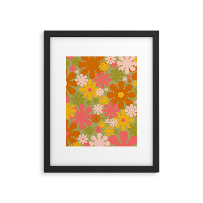 Retro 60s 70s Aesthetic Floral Pattern in Green Pink Yellow Orange Framed Art Print Gallery Image 1