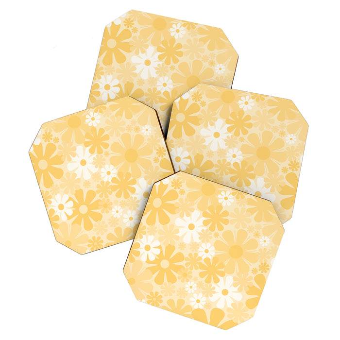 Retro 60s 70s Aesthetic Floral Pattern in Light Buttercream Yellow Coaster Gallery Image 1