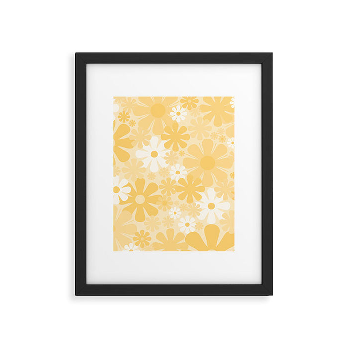 Retro 60s 70s Aesthetic Floral Pattern in Light Buttercream Yellow Framed Art Print Gallery Image 1