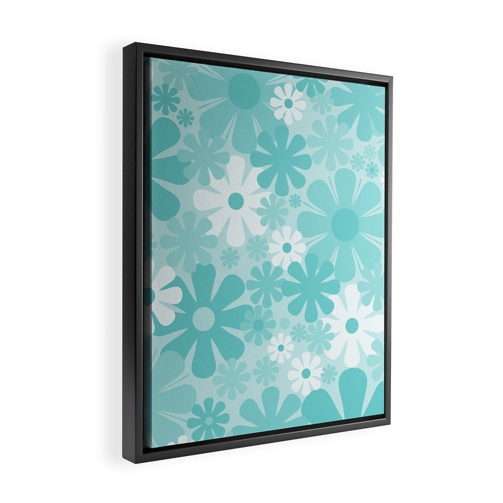 Retro 60s 70s Aesthetic Floral Pattern in Light Turquoise Aqua Blue Framed Canvas Print Gallery Image 2