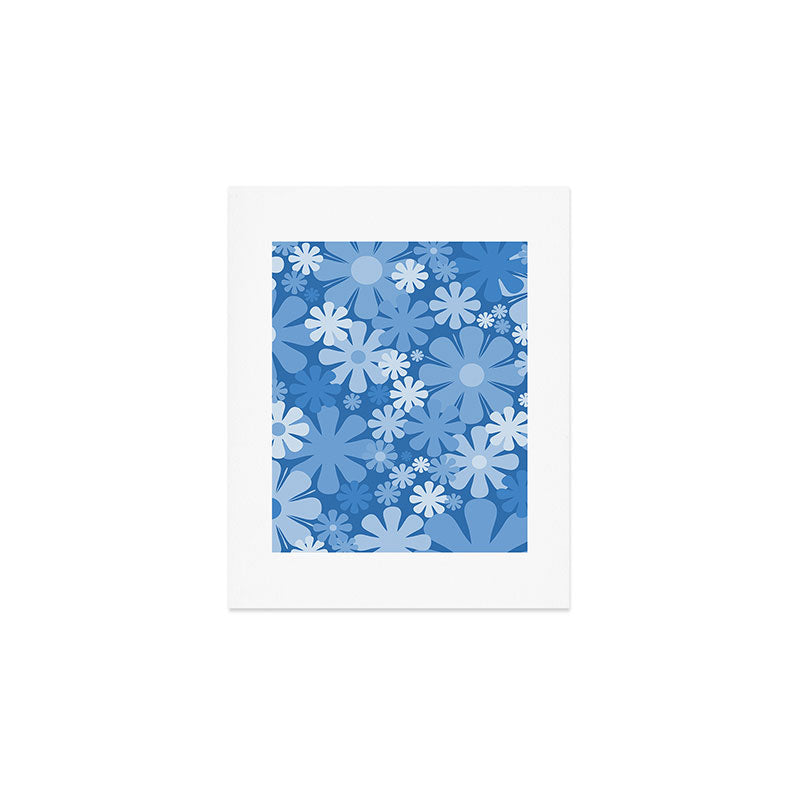 Retro 60s 70s Aesthetic Floral Pattern in Pretty Blue Tones Art Print Gallery Image 1