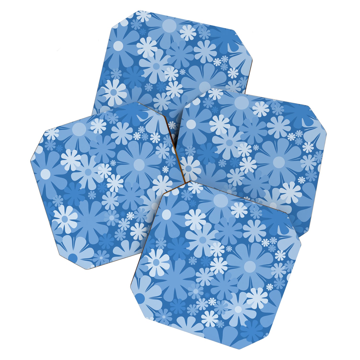 Retro 60s 70s Aesthetic Floral Pattern in Pretty Blue Tones Coaster Gallery Image 1