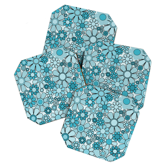 Retro 60s 70s Floral Pattern Turquoise Aqua Gingham Flowers Coaster Gallery Image 1