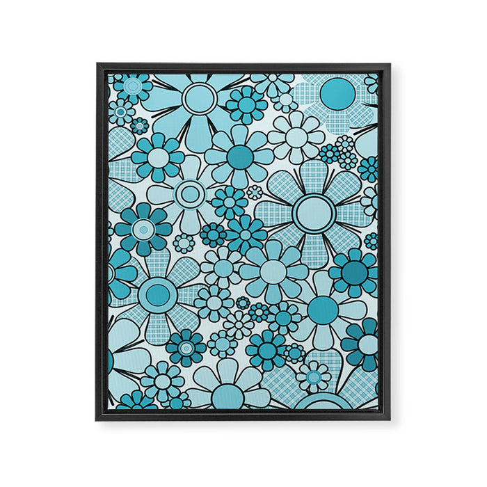 Retro 60s 70s Floral Pattern Turquoise Aqua Gingham Flowers Framed Canvas Print Gallery Image 1