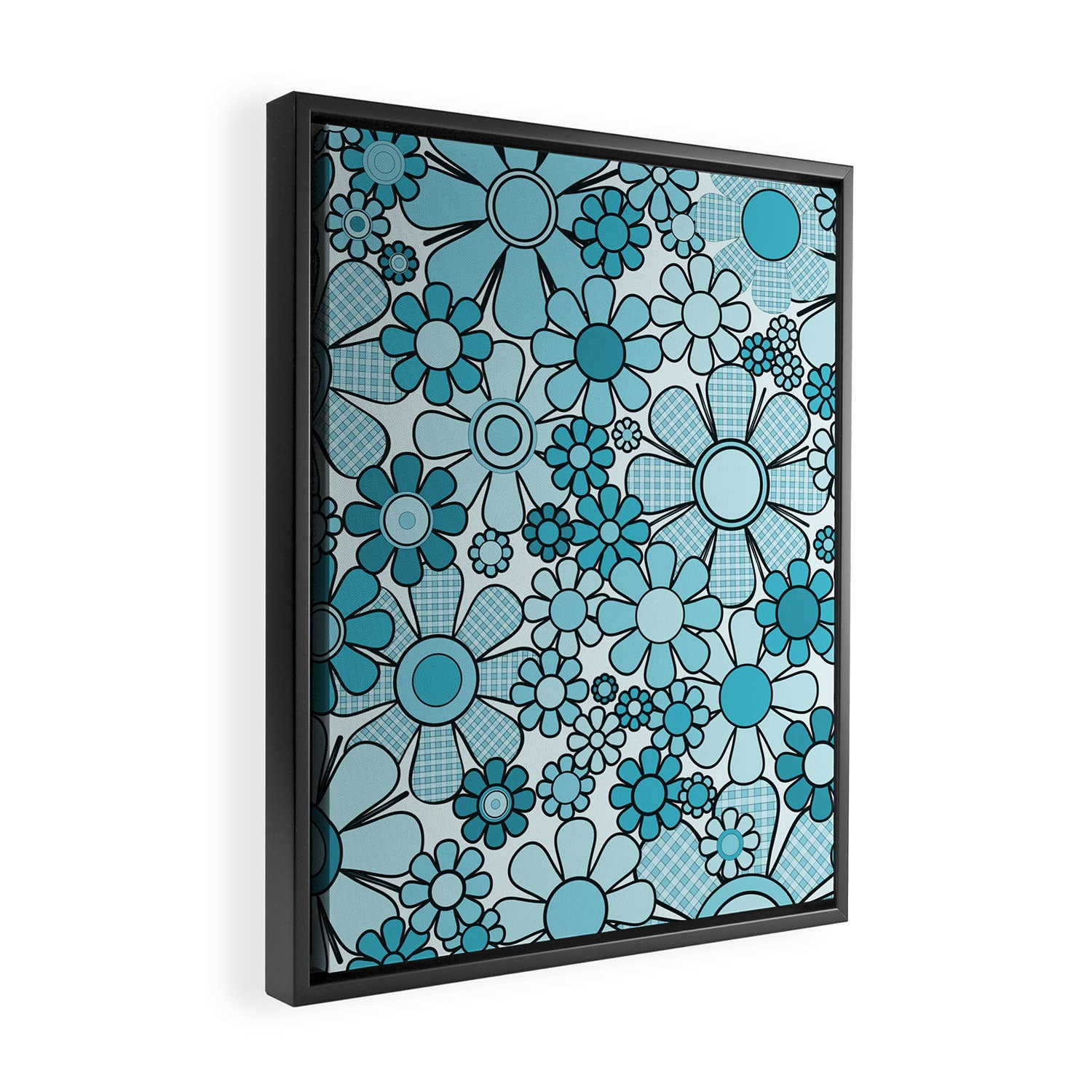 Retro 60s 70s Floral Pattern Turquoise Aqua Gingham Flowers Framed Canvas Print Gallery Image 2