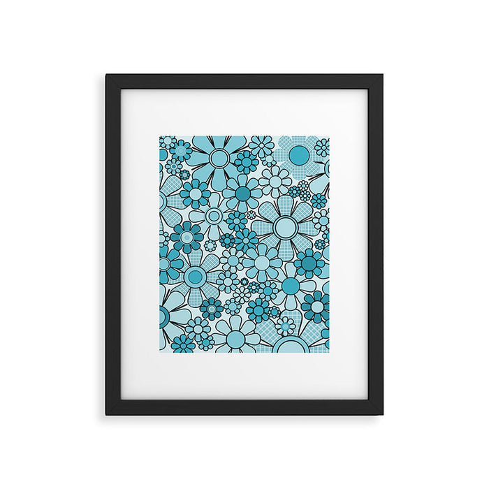 Retro 60s 70s Floral Pattern Turquoise Aqua Gingham Flowers Framed Art Print Gallery Image 1