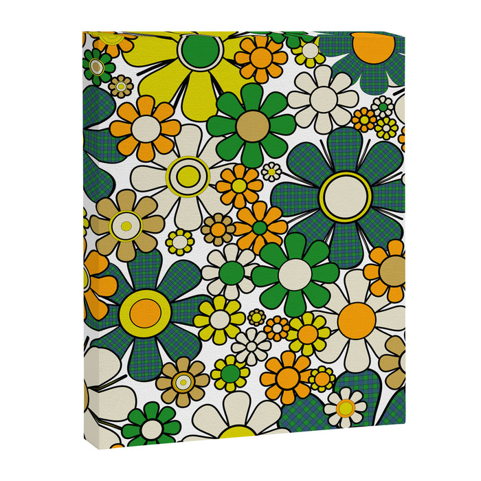 Retro 60s 70s Flowers Gingham Floral Pattern in Green Orange Yellow White Canvas Print Gallery Image 1