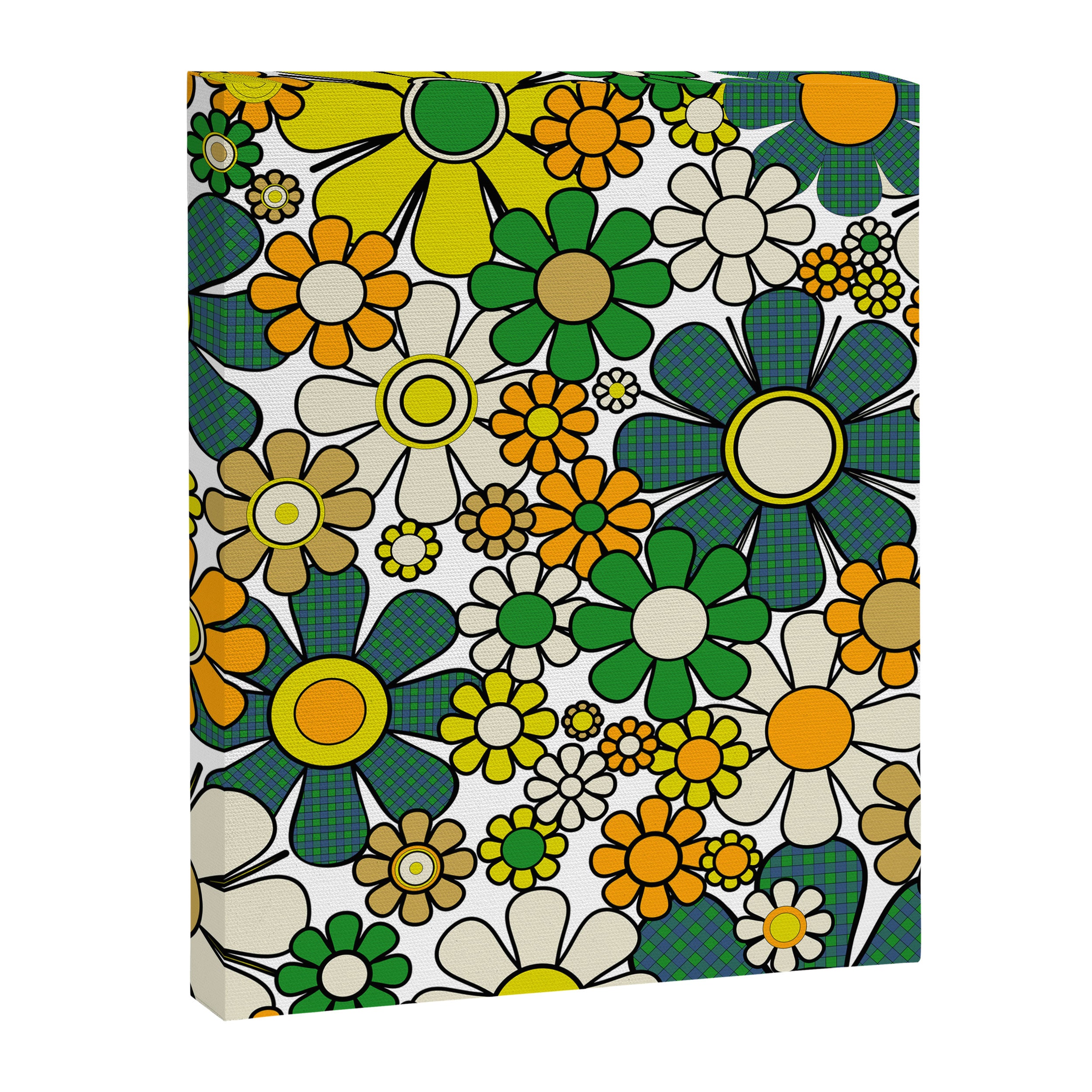 Retro 60s 70s Flowers Gingham Floral Pattern in Green Orange Yellow White Canvas Print Gallery Image 8
