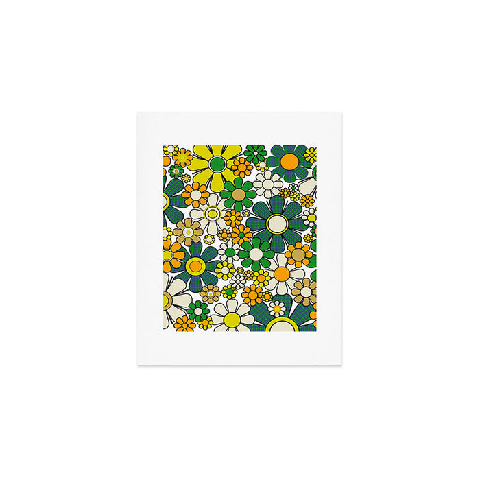 Retro 60s 70s Flowers Gingham Floral Pattern in Green Orange Yellow White Art Print Gallery Image 1