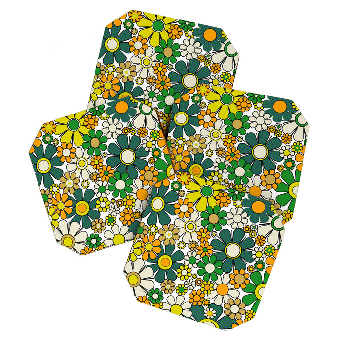 Retro 60s 70s Flowers Gingham Floral Pattern in Green Orange Yellow White Coaster Gallery Image 1