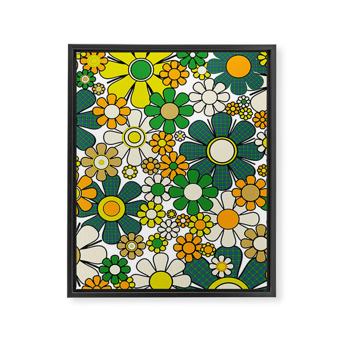 Retro 60s 70s Flowers Gingham Floral Pattern in Green Orange Yellow White Framed Canvas Print Gallery Image 1