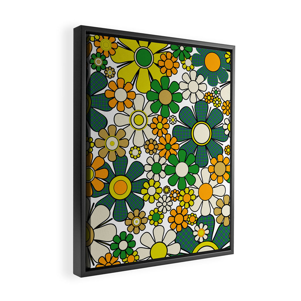 Retro 60s 70s Flowers Gingham Floral Pattern in Green Orange Yellow White Framed Canvas Print Gallery Image 2