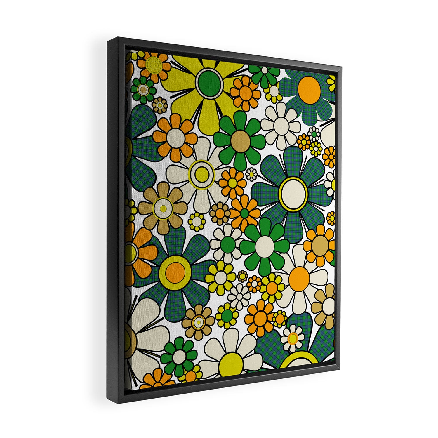 Retro 60s 70s Flowers Gingham Floral Pattern in Green Orange Yellow White Framed Canvas Print Gallery Image 2