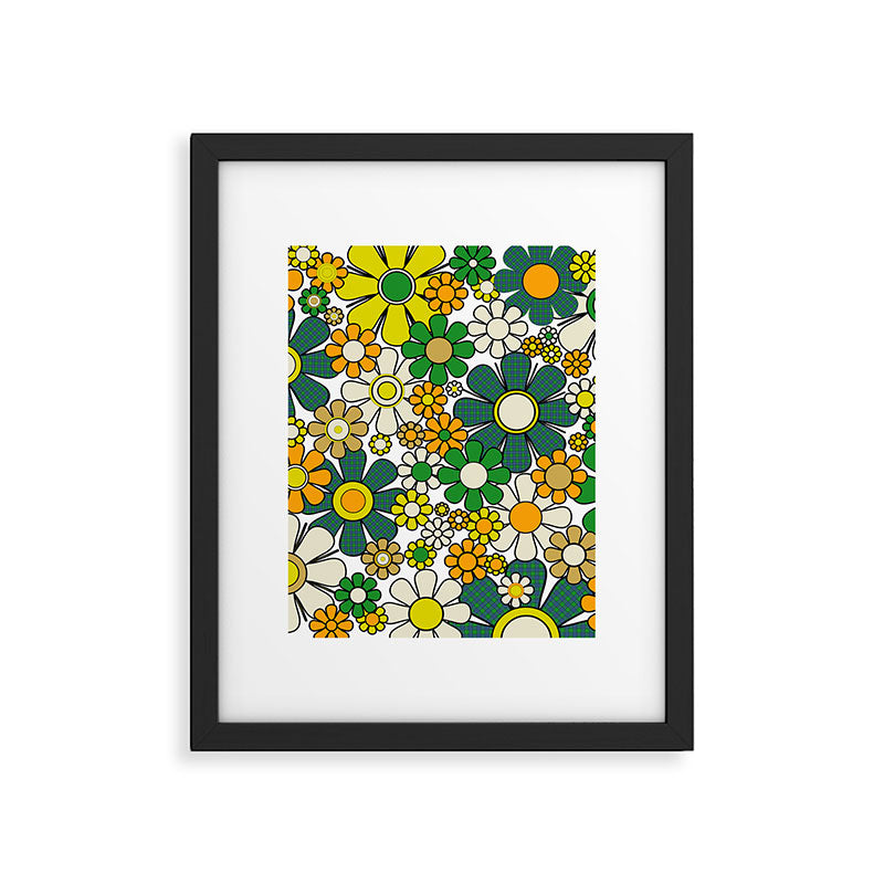 Retro 60s 70s Flowers Gingham Floral Pattern in Green Orange Yellow White Framed Art Print Gallery Image 6