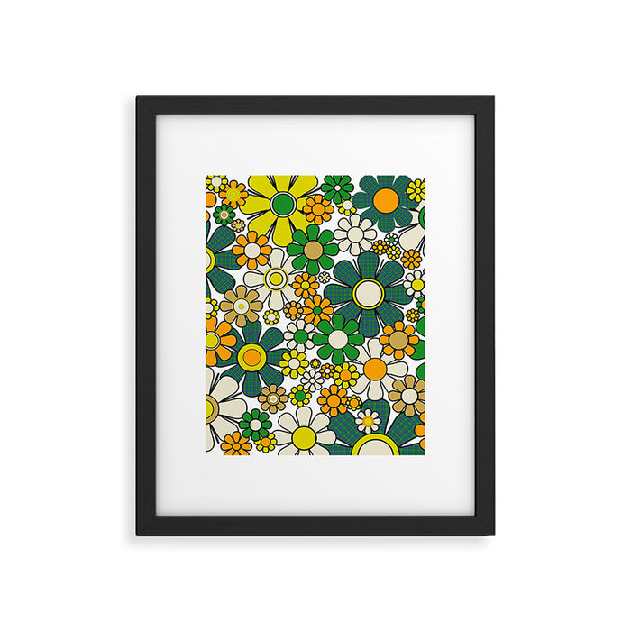 Retro 60s 70s Flowers Gingham Floral Pattern in Green Orange Yellow White Framed Art Print Gallery Image 1