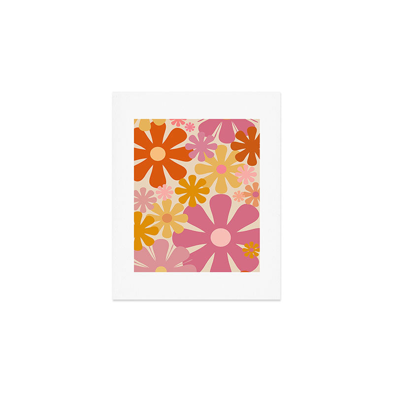 Retro 60s 70s Flowers Thulian Pink Orange Cream Pattern Art Print Gallery Image 1