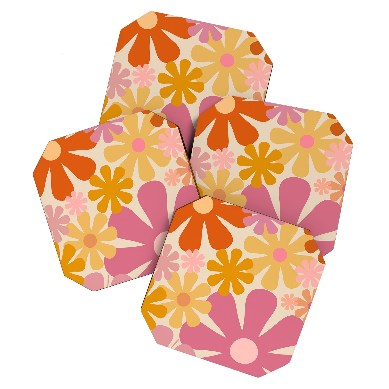 Retro 60s 70s Flowers Thulian Pink Orange Cream Pattern Coaster Gallery Image 1