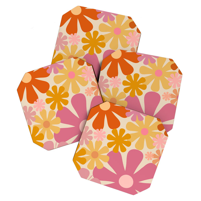 Retro 60s 70s Flowers Thulian Pink Orange Cream Pattern Coaster Gallery Image 1