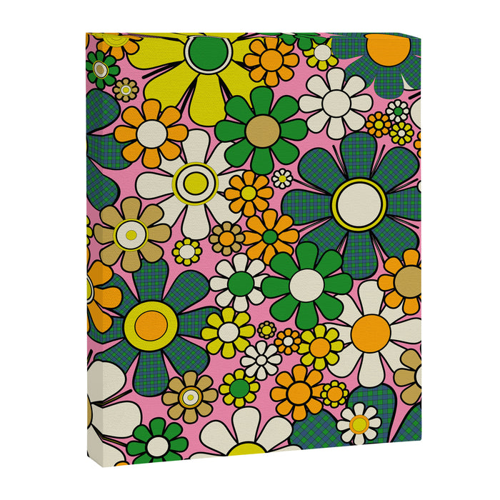 Retro 60s 70s Maximalist Floral Gingham Flowers Pattern in Green Pink Yellow Orange Canvas Print Gallery Image 1