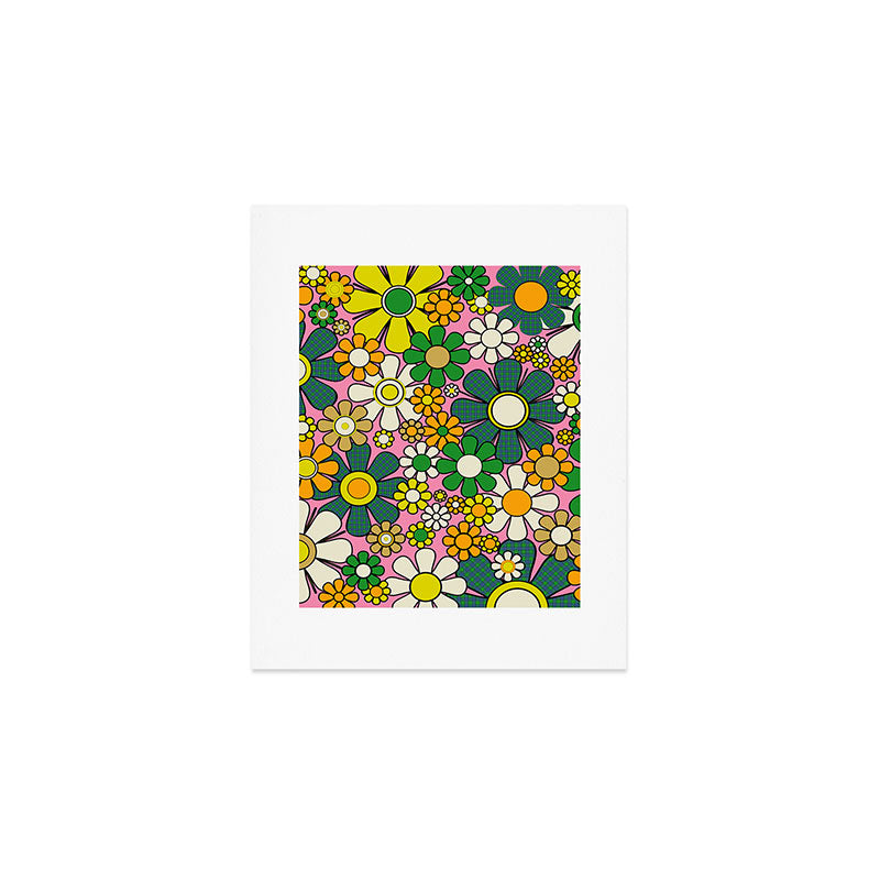 Retro 60s 70s Maximalist Floral Gingham Flowers Pattern in Green Pink Yellow Orange Art Print Gallery Image 1