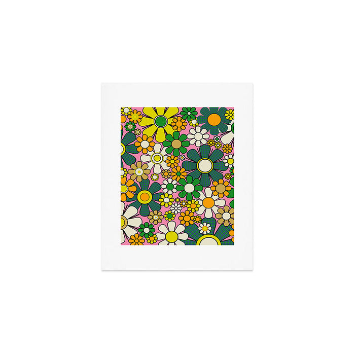 Retro 60s 70s Maximalist Floral Gingham Flowers Pattern in Green Pink Yellow Orange Art Print Gallery Image 1