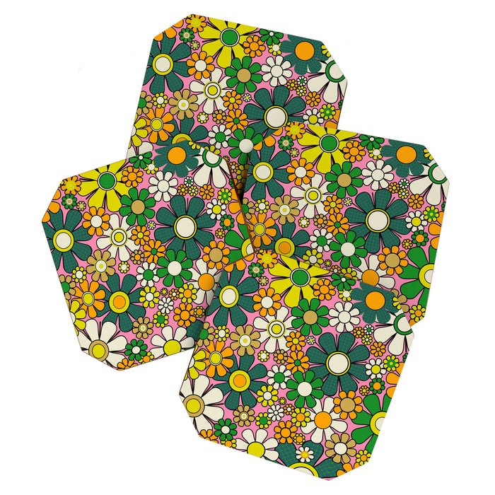 Retro 60s 70s Maximalist Floral Gingham Flowers Pattern in Green Pink Yellow Orange Coaster Gallery Image 1