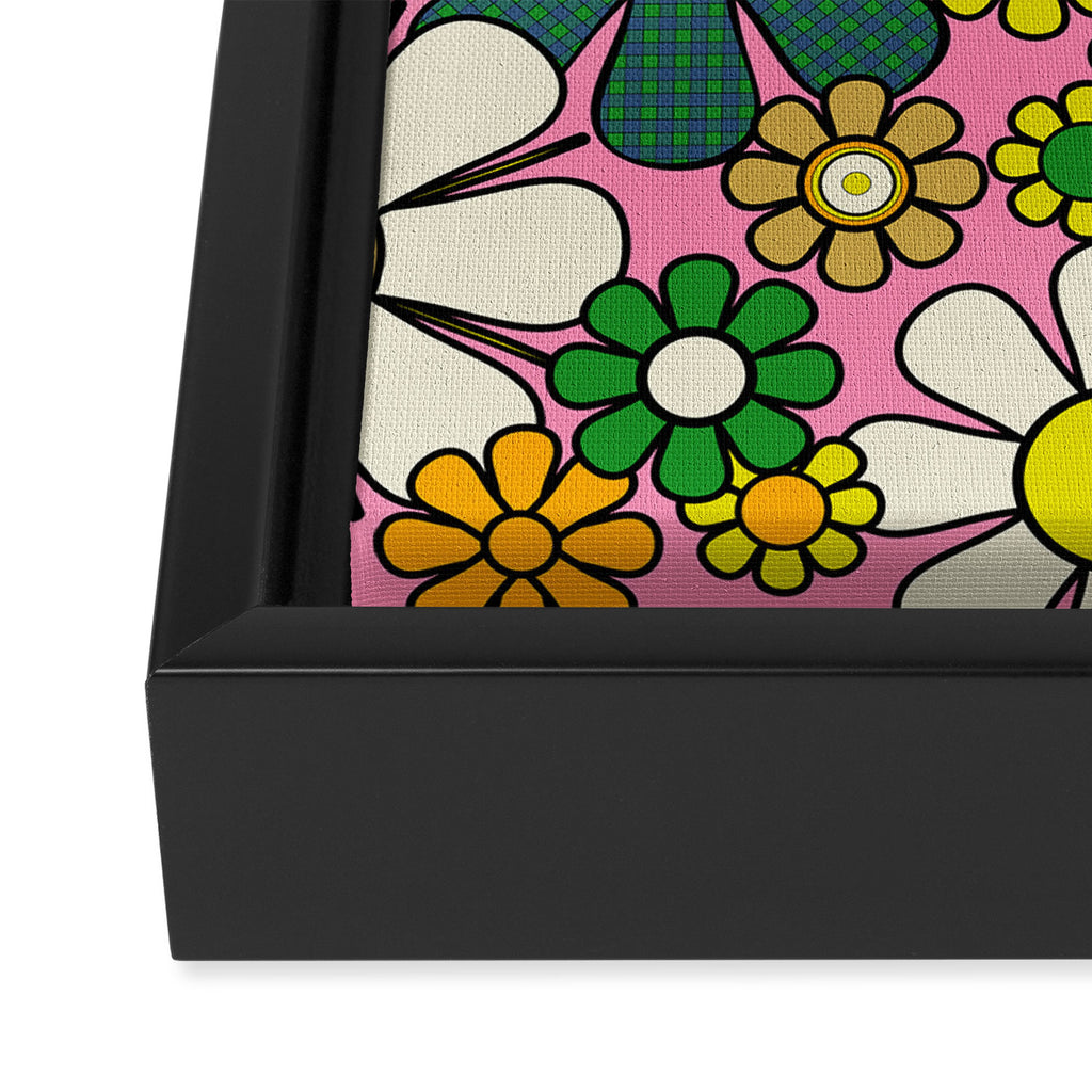 Retro 60s 70s Maximalist Floral Gingham Flowers Pattern in Green Pink Yellow Orange Framed Canvas Print Gallery Image 3