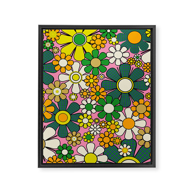 Retro 60s 70s Maximalist Floral Gingham Flowers Pattern in Green Pink Yellow Orange Framed Canvas Print Gallery Image 8