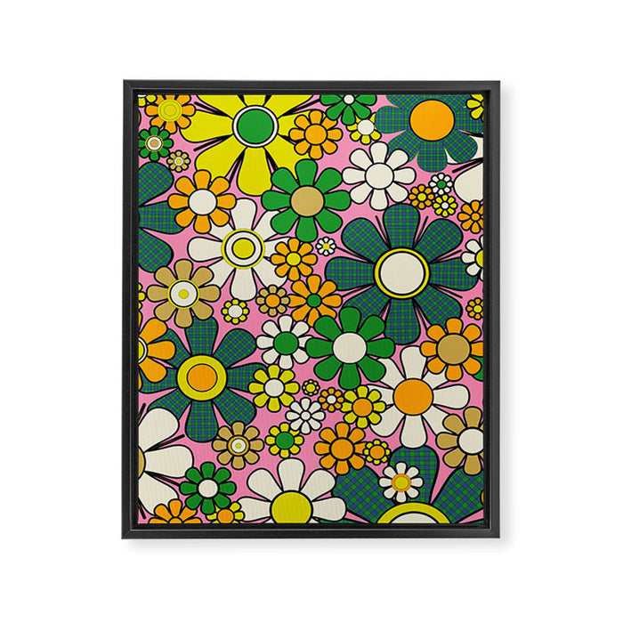 Retro 60s 70s Maximalist Floral Gingham Flowers Pattern in Green Pink Yellow Orange Framed Canvas Print Gallery Image 1