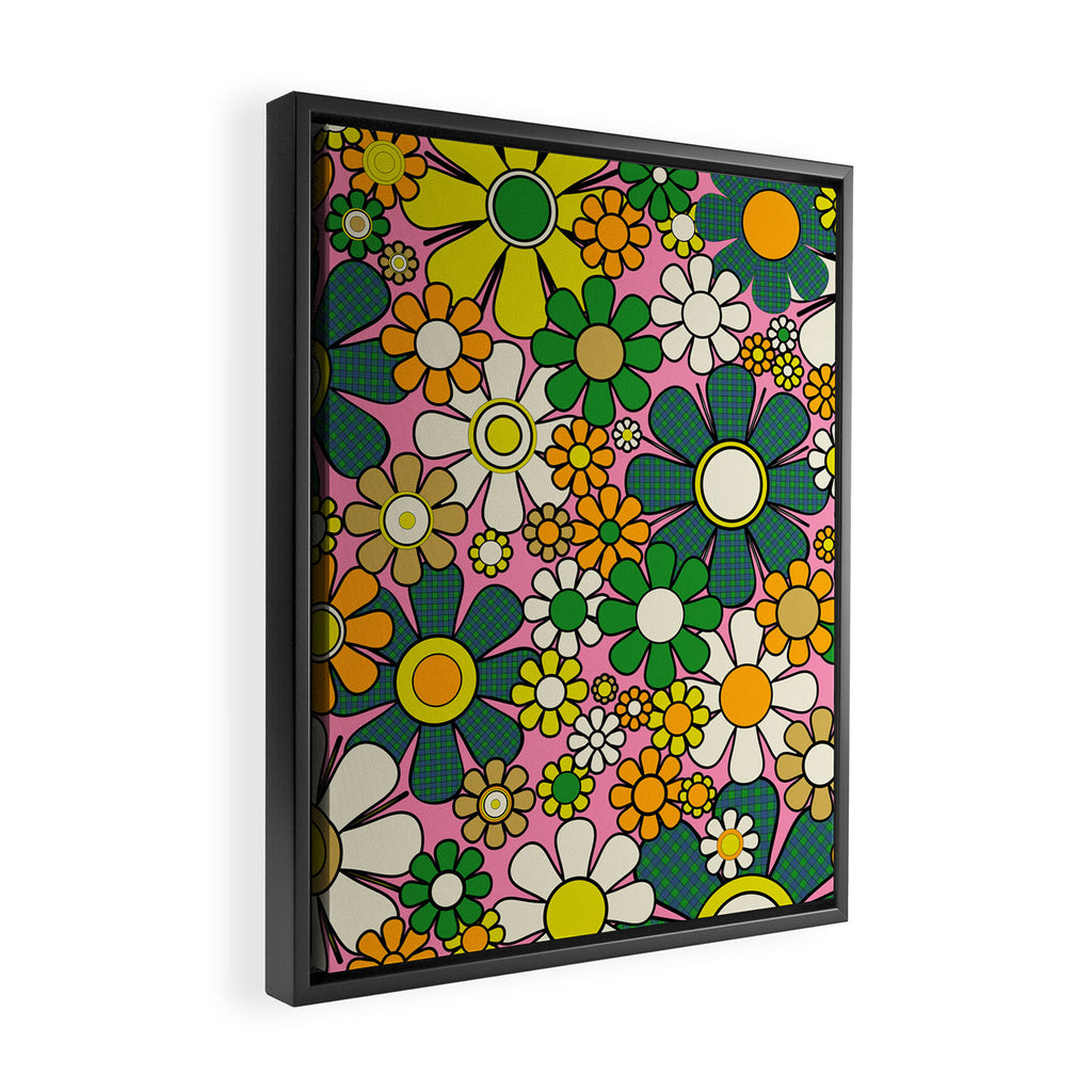 Retro 60s 70s Maximalist Floral Gingham Flowers Pattern in Green Pink Yellow Orange Framed Canvas Print Gallery Image 2